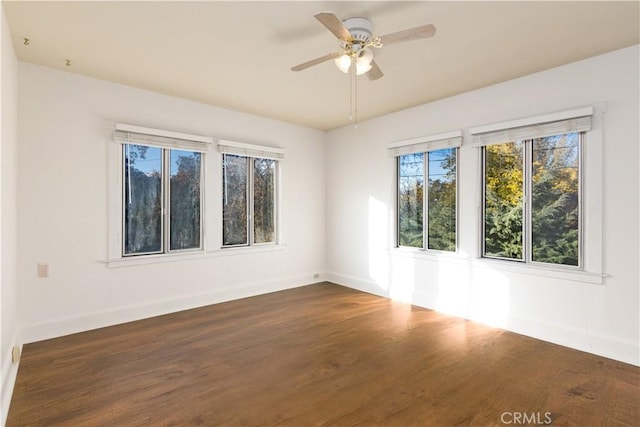 spare room featuring ceiling fan and dark hardwood / wood-style flooring