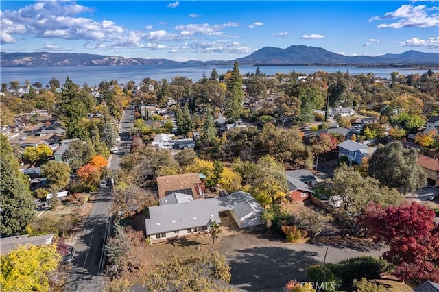 birds eye view of property featuring a water and mountain view