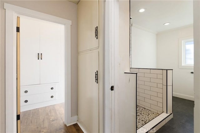 bathroom with hardwood / wood-style flooring