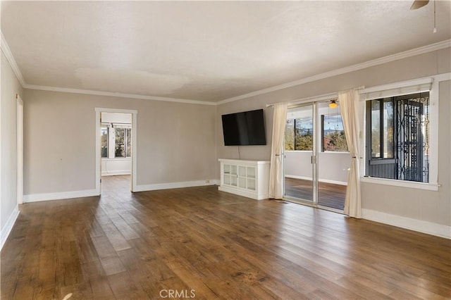 unfurnished living room with dark hardwood / wood-style flooring, ceiling fan, and crown molding