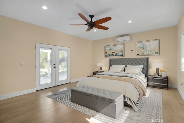 bedroom featuring access to exterior, ceiling fan, french doors, and light hardwood / wood-style floors