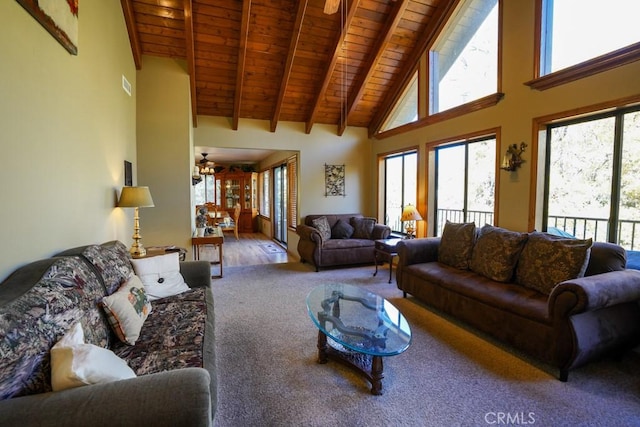 living room with wood ceiling, ceiling fan, high vaulted ceiling, beamed ceiling, and hardwood / wood-style floors