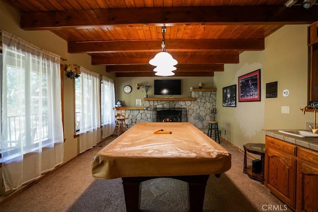 playroom featuring carpet flooring, sink, wooden ceiling, and billiards