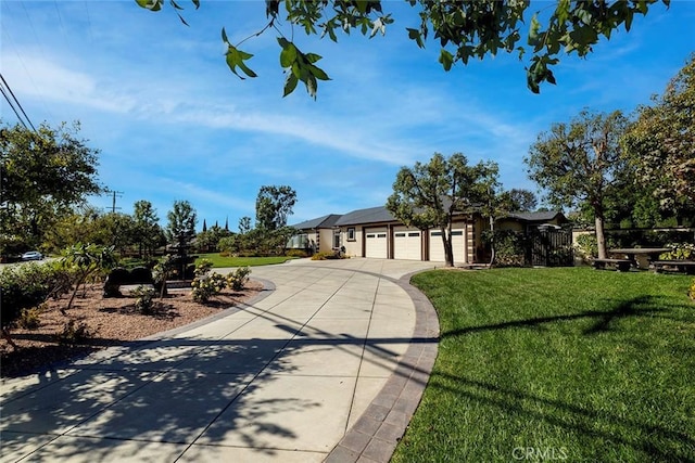 ranch-style house with a garage and a front lawn