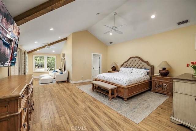 bedroom featuring vaulted ceiling with beams, light wood-type flooring, and ceiling fan