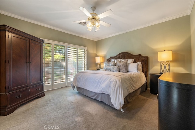 bedroom with access to exterior, ceiling fan, light colored carpet, and ornamental molding