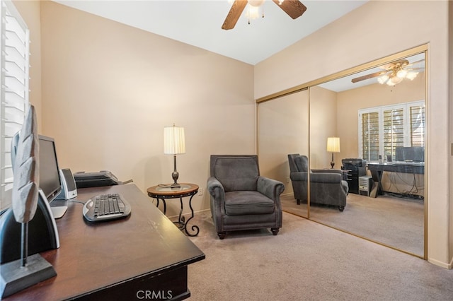 office area with carpet flooring and ceiling fan