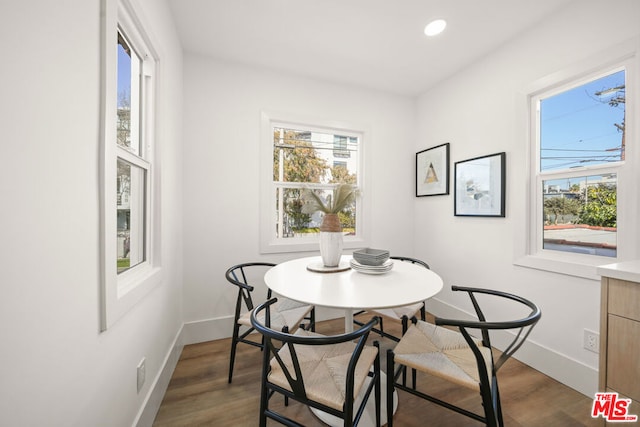 dining space with dark hardwood / wood-style floors