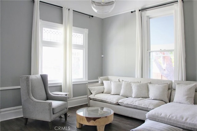 living room with dark hardwood / wood-style floors and a healthy amount of sunlight