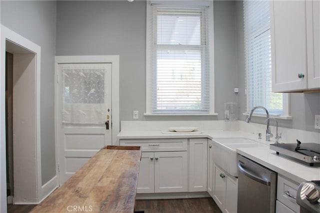 kitchen featuring butcher block counters, plenty of natural light, white cabinets, and stainless steel appliances