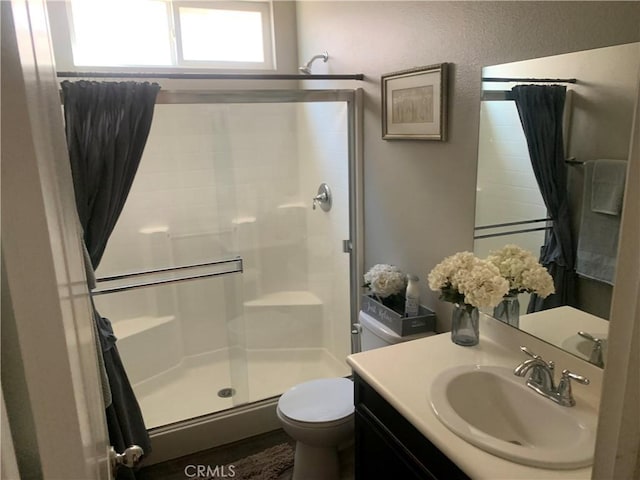 bathroom with toilet, vanity, and curtained shower