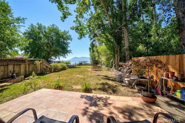 view of patio with a mountain view