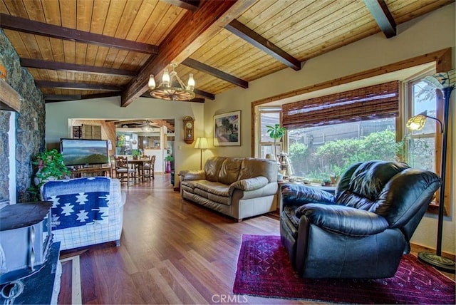 living room with wooden ceiling, hardwood / wood-style floors, lofted ceiling with beams, and an inviting chandelier