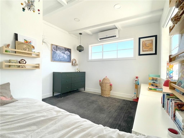 bedroom featuring dark carpet, beam ceiling, and an AC wall unit