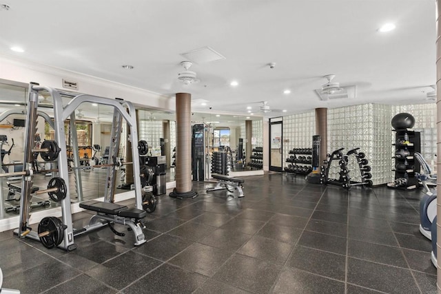 workout area featuring ceiling fan and ornamental molding