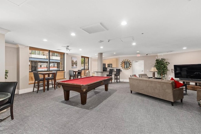 game room with carpet floors, ornamental molding, and pool table