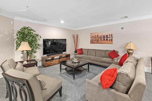 living room with ornamental molding, recessed lighting, and visible vents