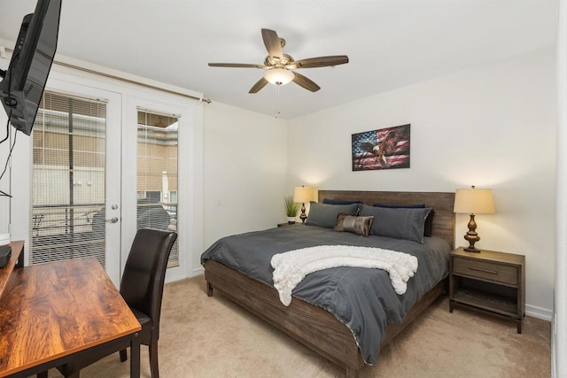 bedroom with light carpet, ceiling fan, access to outside, and baseboards