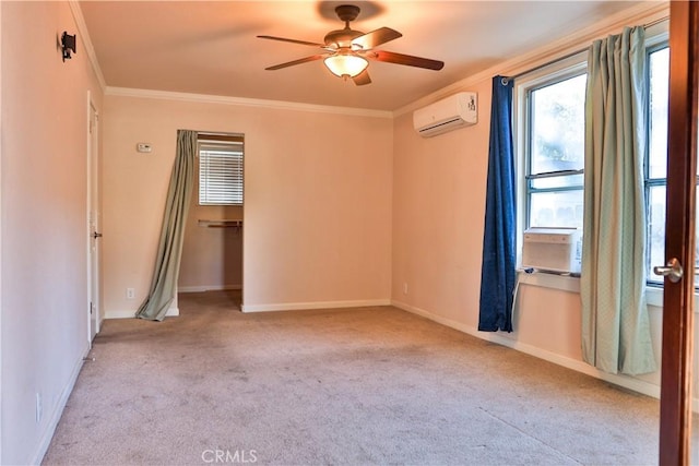 carpeted empty room with a wall mounted air conditioner, ceiling fan, and ornamental molding