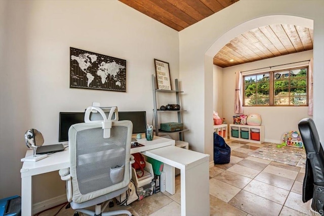 home office featuring light tile patterned flooring and wooden ceiling