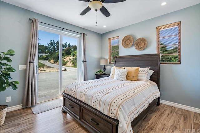 bedroom with ceiling fan, light hardwood / wood-style floors, and access to outside