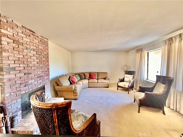 living room featuring a fireplace and light colored carpet