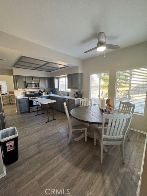 dining area featuring ceiling fan and dark wood-type flooring