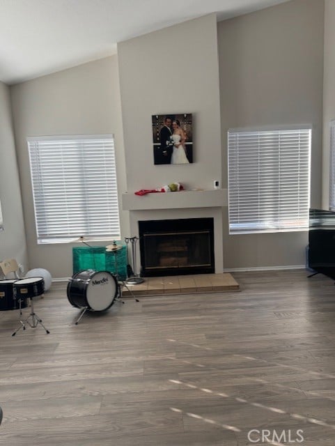 living room with a fireplace, high vaulted ceiling, and hardwood / wood-style flooring