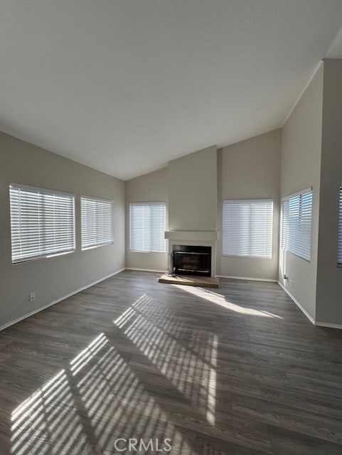 unfurnished living room featuring dark hardwood / wood-style flooring and high vaulted ceiling