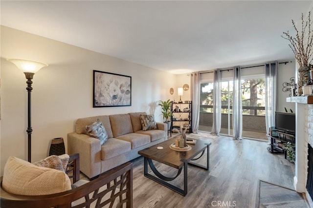 living room with hardwood / wood-style flooring and a fireplace