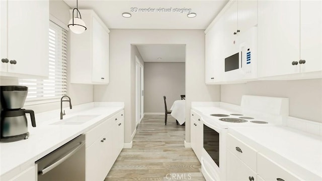 kitchen featuring white cabinetry, sink, dishwasher, white electric stove, and decorative light fixtures