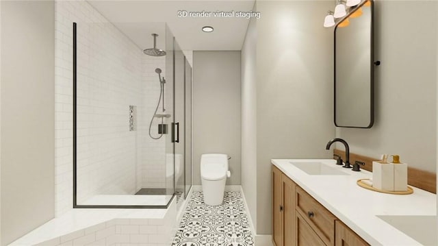 bathroom with tile patterned flooring, vanity, toilet, and walk in shower