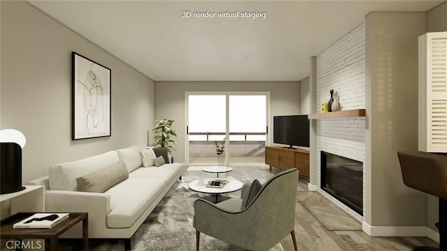 living room with light hardwood / wood-style flooring and a brick fireplace