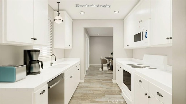 kitchen featuring white cabinets, decorative light fixtures, white range with electric stovetop, and stainless steel dishwasher