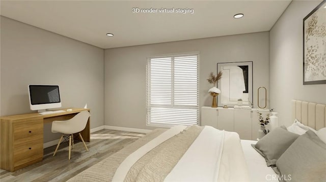 bedroom featuring hardwood / wood-style floors and radiator heating unit