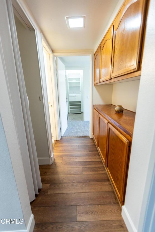 corridor with dark hardwood / wood-style floors