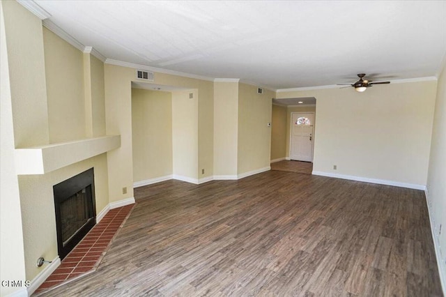 unfurnished living room featuring crown molding, ceiling fan, and dark wood-type flooring