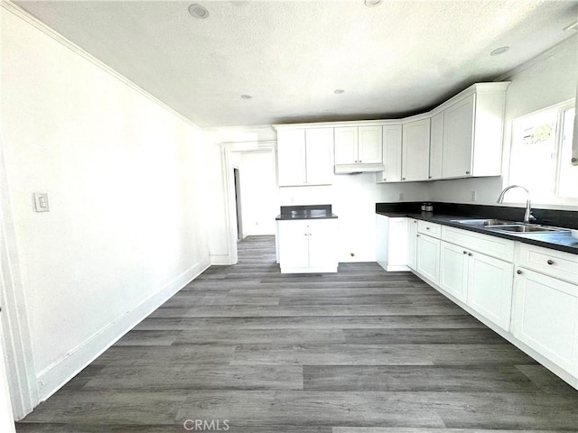 kitchen featuring baseboards, dark wood finished floors, dark countertops, white cabinetry, and a sink