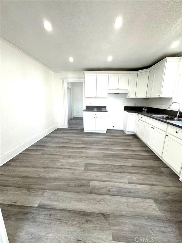 kitchen with wood finished floors, dark countertops, a sink, and white cabinetry