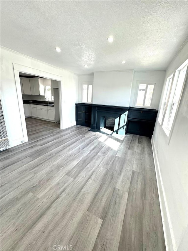 kitchen featuring a healthy amount of sunlight, light wood-style floors, a textured ceiling, and a sink