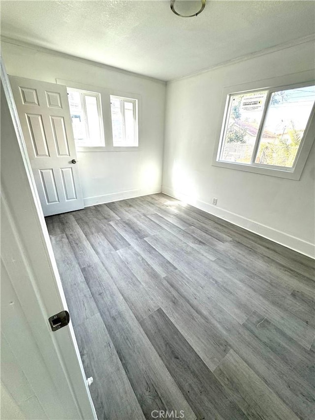 interior space featuring a textured ceiling, wood finished floors, and baseboards