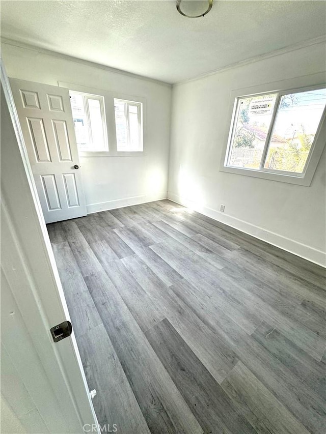 spare room featuring baseboards, dark wood finished floors, and a textured ceiling