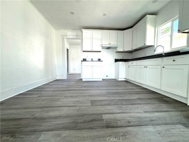 kitchen featuring dark countertops, baseboards, white cabinetry, and wood finished floors