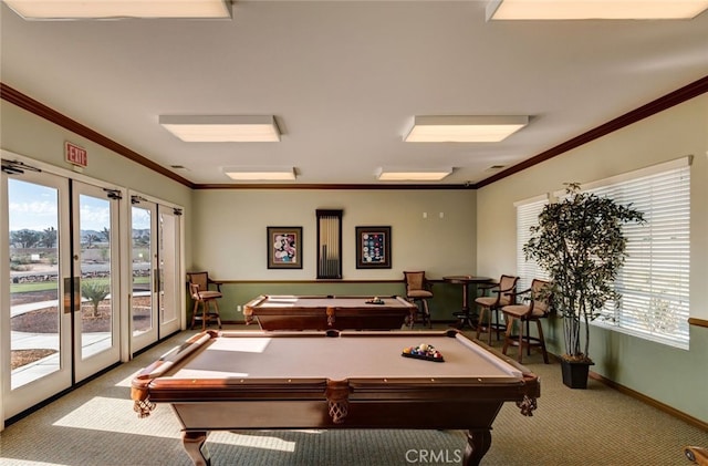 playroom featuring a wealth of natural light, carpet floors, pool table, and french doors