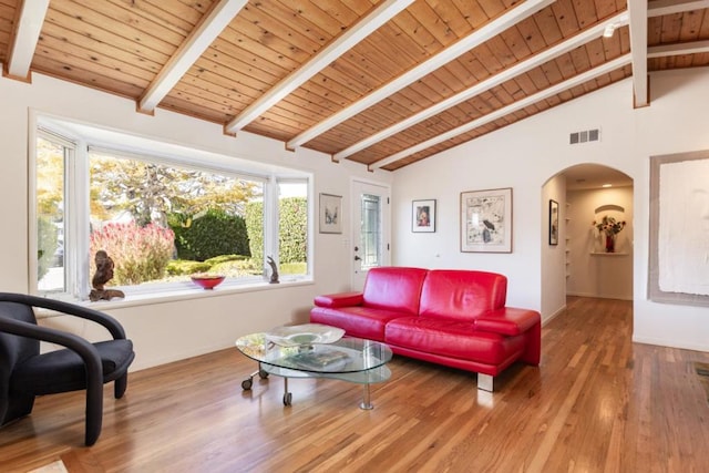 living room featuring beam ceiling, hardwood / wood-style floors, high vaulted ceiling, and wood ceiling