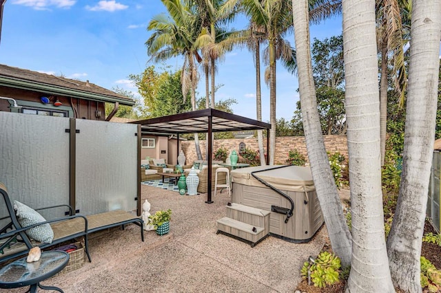 view of patio featuring an outdoor hangout area and a hot tub