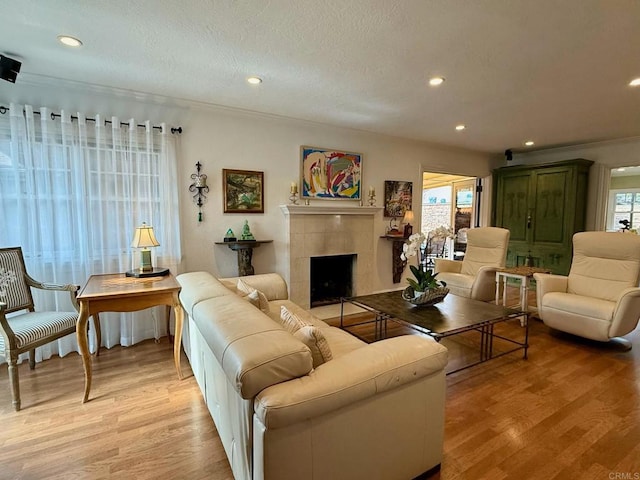 living room featuring light wood-type flooring, a healthy amount of sunlight, and a tiled fireplace