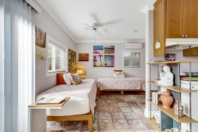 bedroom with ceiling fan, an AC wall unit, and crown molding