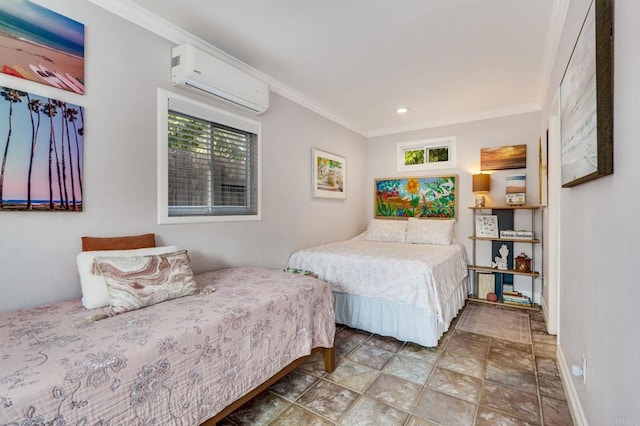 bedroom with a wall mounted AC and crown molding