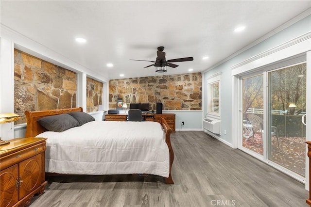 bedroom featuring access to exterior, ceiling fan, crown molding, and hardwood / wood-style flooring